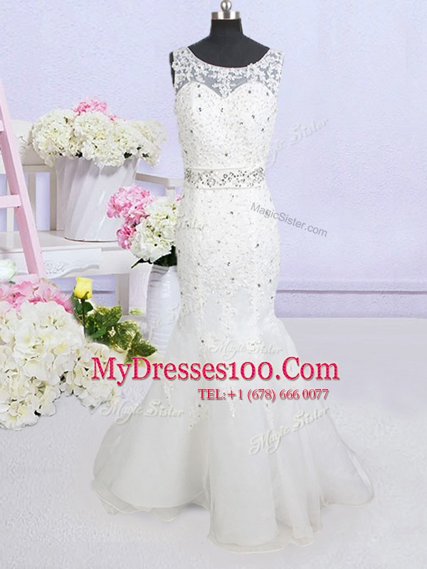 Best Mermaid Scoop White Sleeveless Beading and Lace and Appliques and Bowknot Backless Wedding Gown
