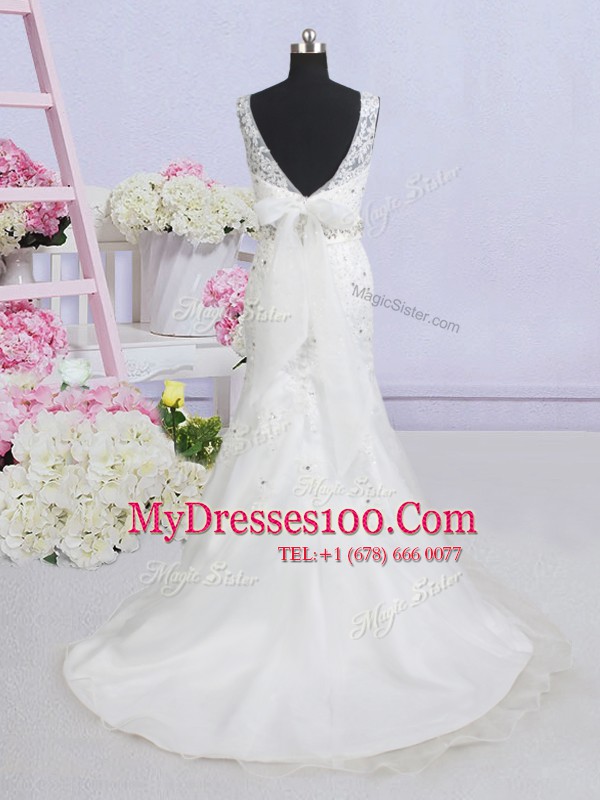 Best Mermaid Scoop White Sleeveless Beading and Lace and Appliques and Bowknot Backless Wedding Gown