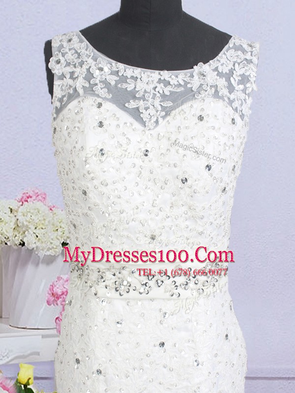 Best Mermaid Scoop White Sleeveless Beading and Lace and Appliques and Bowknot Backless Wedding Gown