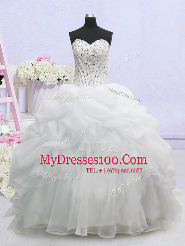 Edgy Pick Ups Brush Train Ball Gowns Wedding Gown White Sweetheart Organza Sleeveless Lace Up