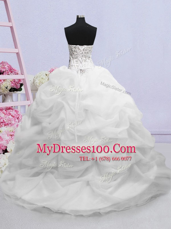 Edgy Pick Ups Brush Train Ball Gowns Wedding Gown White Sweetheart Organza Sleeveless Lace Up