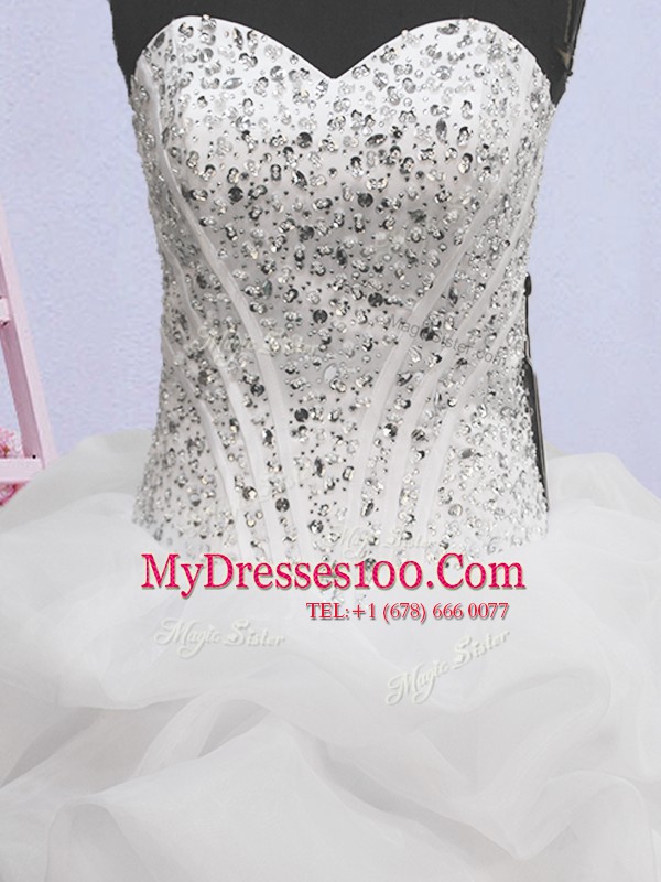 Edgy Pick Ups Brush Train Ball Gowns Wedding Gown White Sweetheart Organza Sleeveless Lace Up