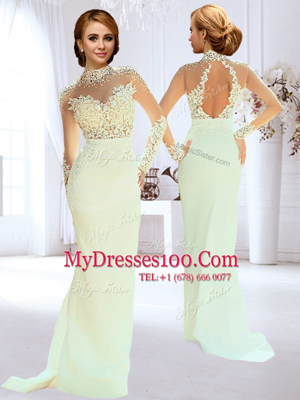 Backless White Long Sleeves Brush Train Beading and Lace and Appliques Wedding Dress