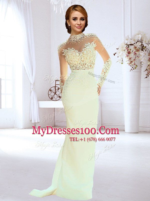 Backless White Long Sleeves Brush Train Beading and Lace and Appliques Wedding Dress
