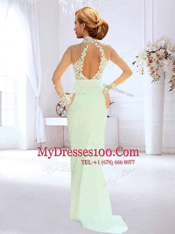 Backless White Long Sleeves Brush Train Beading and Lace and Appliques Wedding Dress