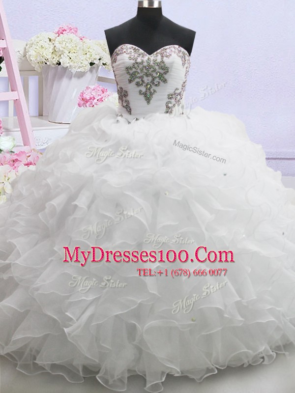 Luxurious White Lace Up Wedding Gown Beading and Ruffled Layers Sleeveless With Brush Train