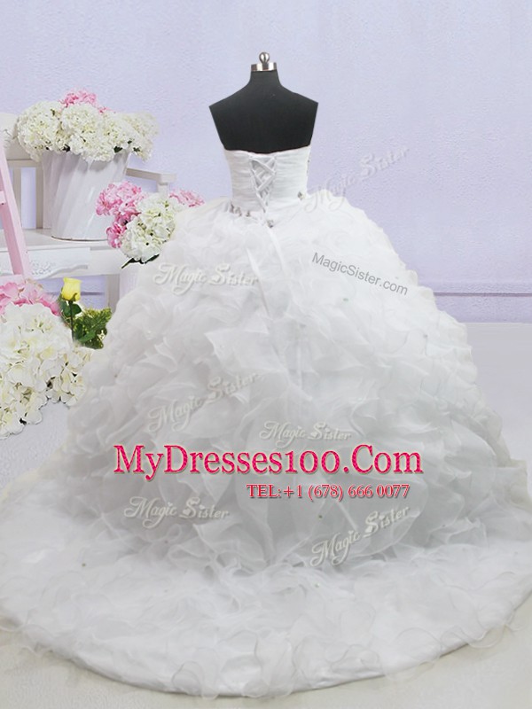 Luxurious White Lace Up Wedding Gown Beading and Ruffled Layers Sleeveless With Brush Train