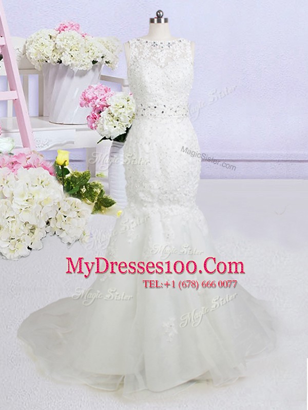 Hot Sale Mermaid With Train Backless Wedding Gown White for Wedding Party with Beading and Appliques Brush Train