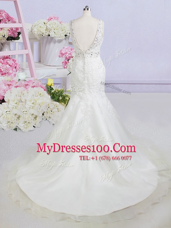 Hot Sale Mermaid With Train Backless Wedding Gown White for Wedding Party with Beading and Appliques Brush Train