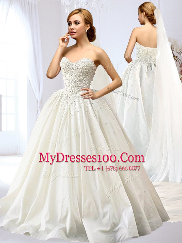 Cute A-line Wedding Gowns White Sweetheart Taffeta Sleeveless Floor Length Lace Up