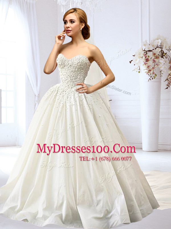 Cute A-line Wedding Gowns White Sweetheart Taffeta Sleeveless Floor Length Lace Up