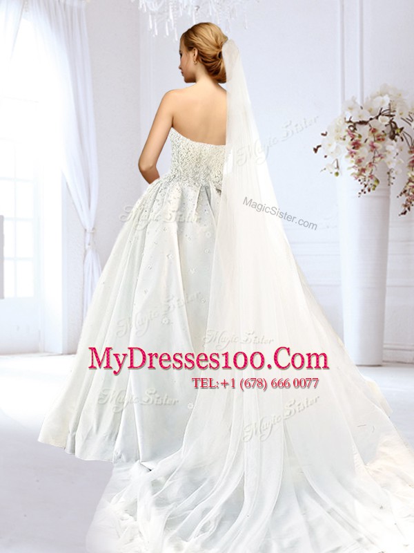 Cute A-line Wedding Gowns White Sweetheart Taffeta Sleeveless Floor Length Lace Up