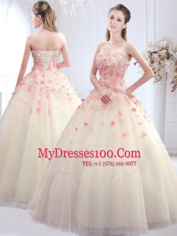 White A-line Sweetheart Sleeveless Tulle Floor Length Lace Up Appliques Bridal Gown