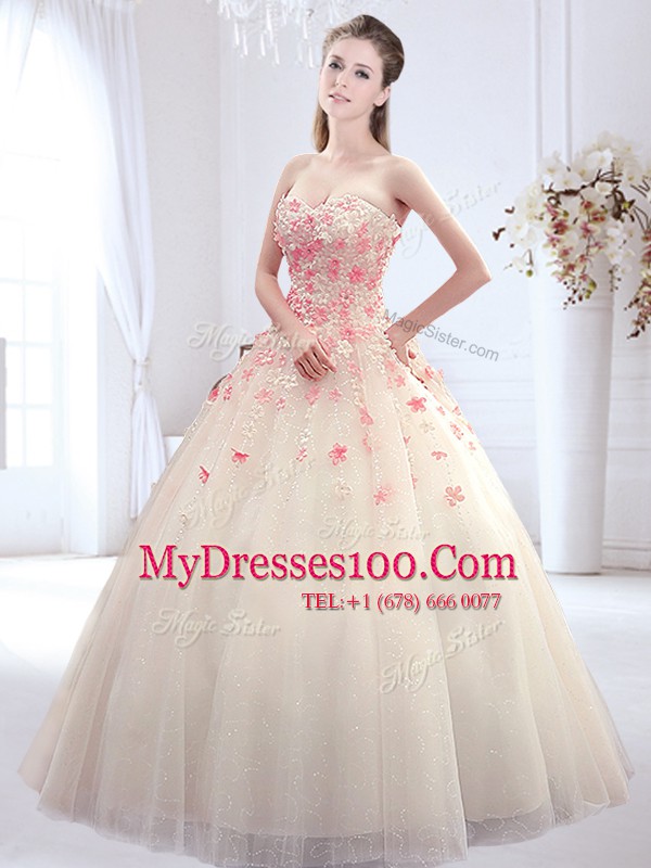 White A-line Sweetheart Sleeveless Tulle Floor Length Lace Up Appliques Bridal Gown
