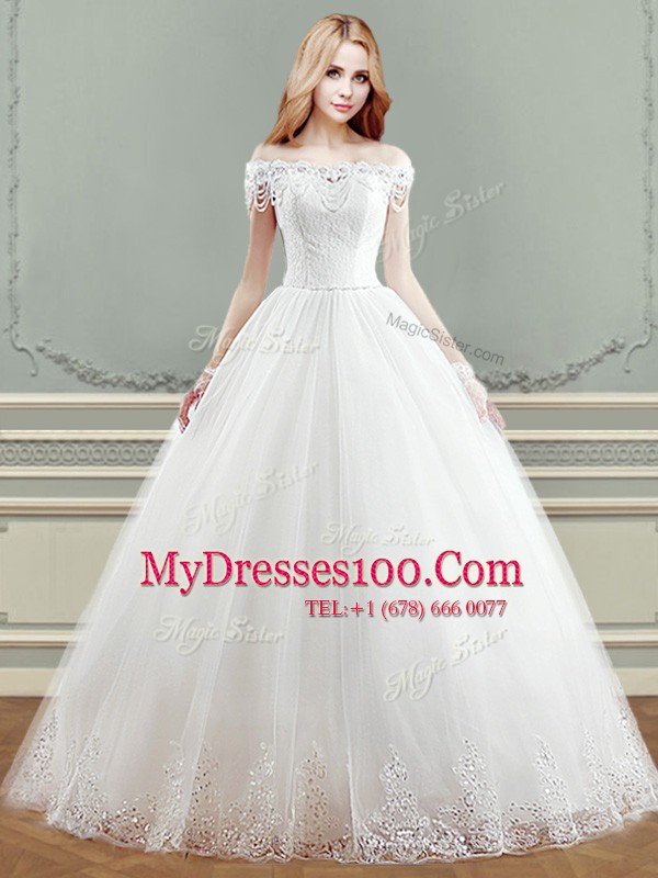 Extravagant White Ball Gowns Tulle Off The Shoulder Sleeveless Beading and Appliques Floor Length Lace Up Wedding Gown