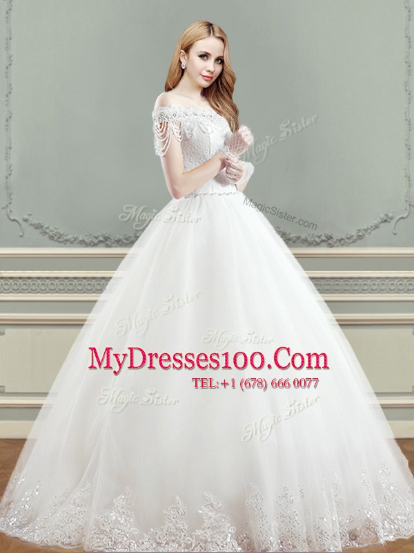 Extravagant White Ball Gowns Tulle Off The Shoulder Sleeveless Beading and Appliques Floor Length Lace Up Wedding Gown