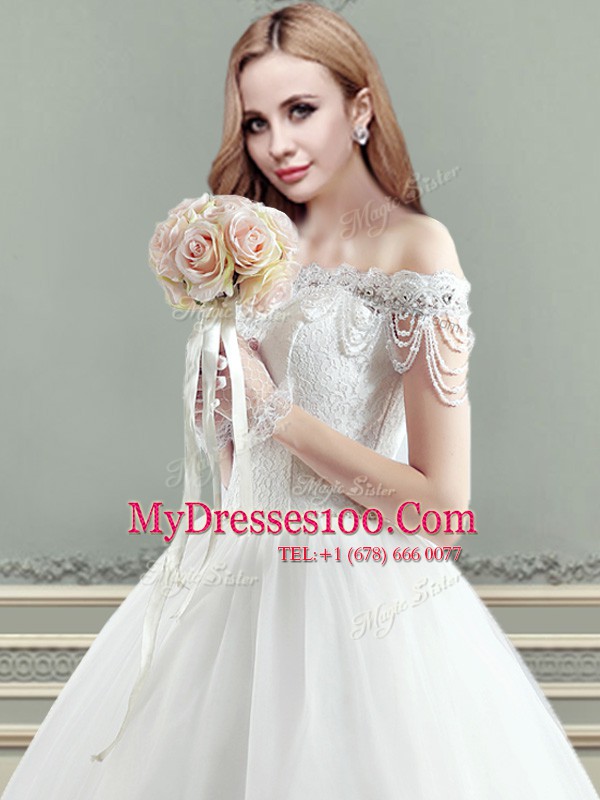 Extravagant White Ball Gowns Tulle Off The Shoulder Sleeveless Beading and Appliques Floor Length Lace Up Wedding Gown