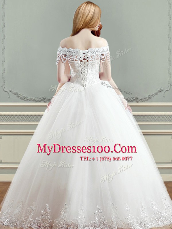 Extravagant White Ball Gowns Tulle Off The Shoulder Sleeveless Beading and Appliques Floor Length Lace Up Wedding Gown