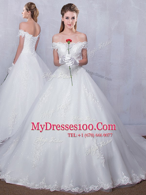 Modest With Train White Wedding Dresses Scalloped Sleeveless Court Train Lace Up