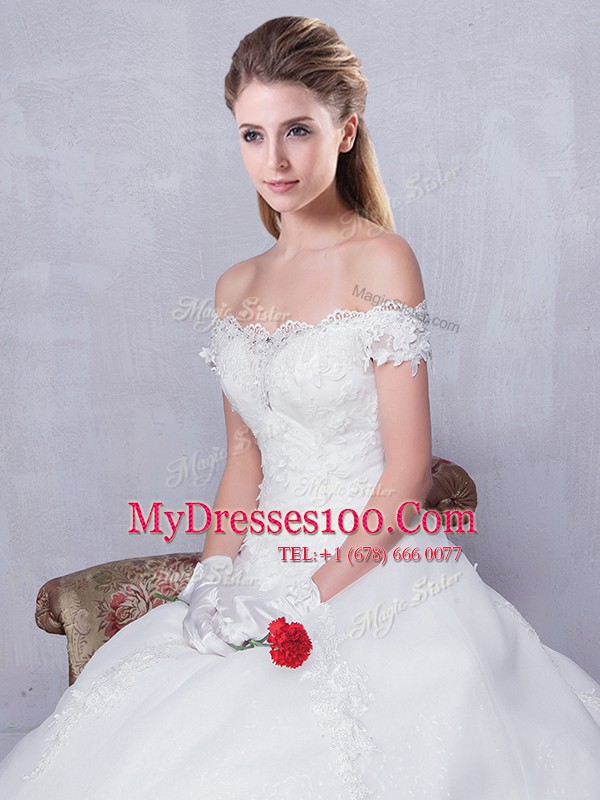 Modest With Train White Wedding Dresses Scalloped Sleeveless Court Train Lace Up