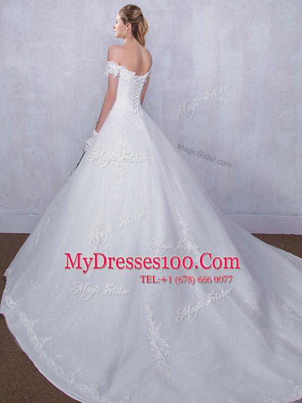 Modest With Train White Wedding Dresses Scalloped Sleeveless Court Train Lace Up