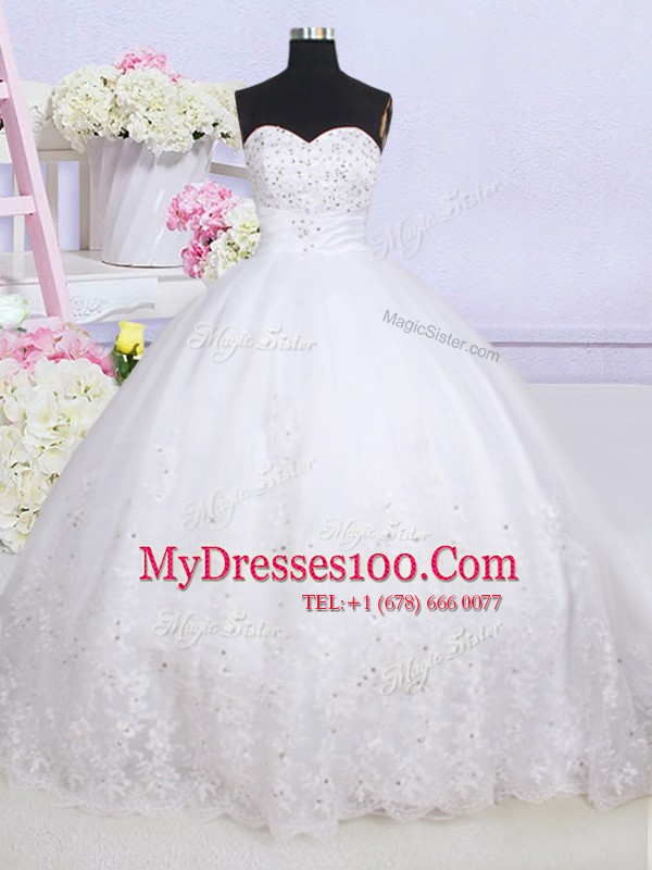 White Sweetheart Neckline Beading and Lace Wedding Gowns Sleeveless Lace Up