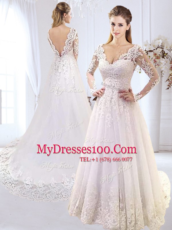 Vintage White Long Sleeves Tulle Brush Train Backless Wedding Dresses for Wedding Party