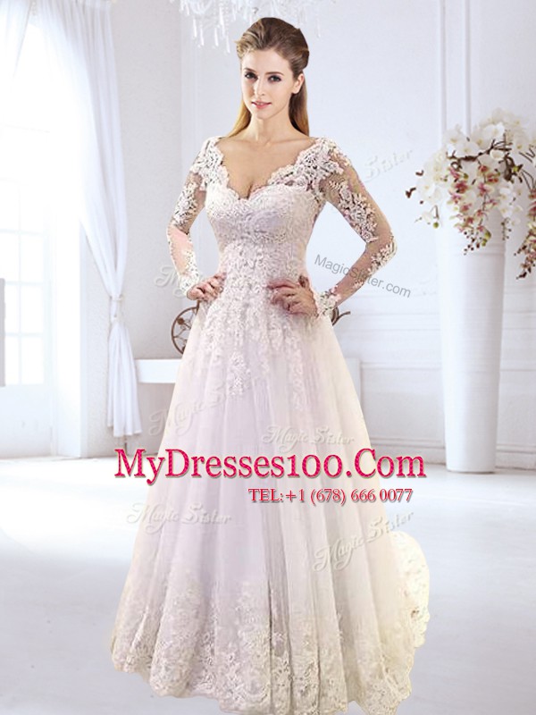 Vintage White Long Sleeves Tulle Brush Train Backless Wedding Dresses for Wedding Party
