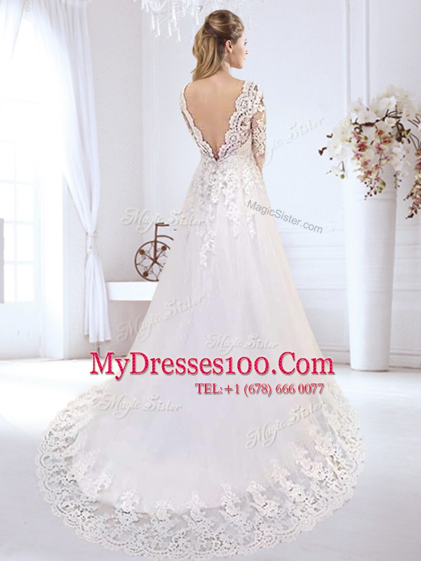 Vintage White Long Sleeves Tulle Brush Train Backless Wedding Dresses for Wedding Party