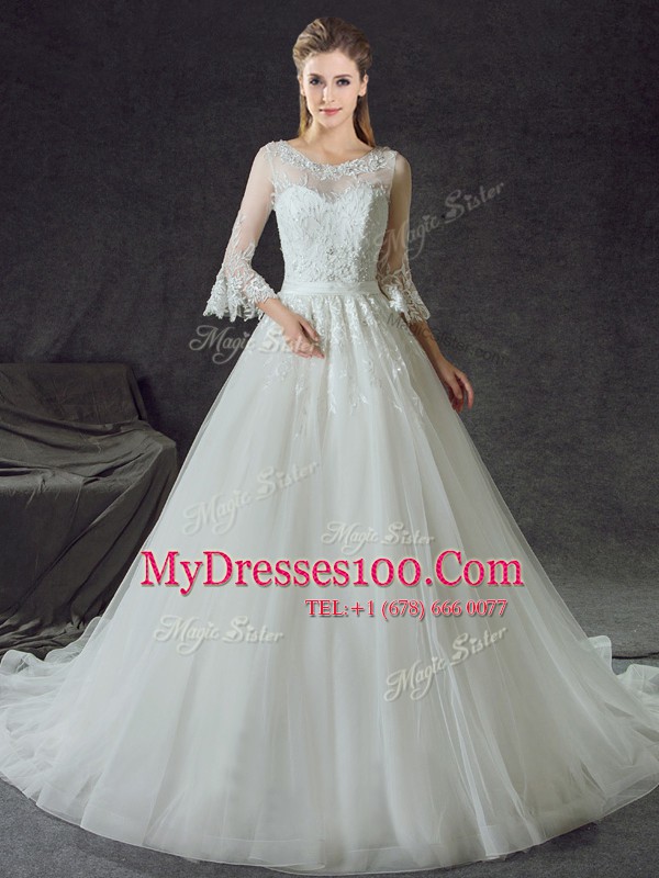 High Quality Scoop White Zipper Wedding Gown Lace 3 4 Length Sleeve With Train Court Train