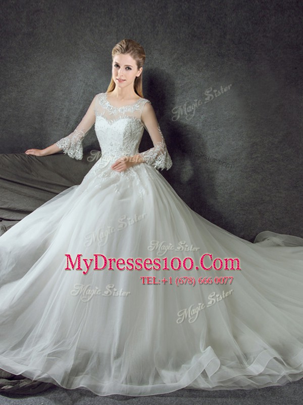 High Quality Scoop White Zipper Wedding Gown Lace 3 4 Length Sleeve With Train Court Train