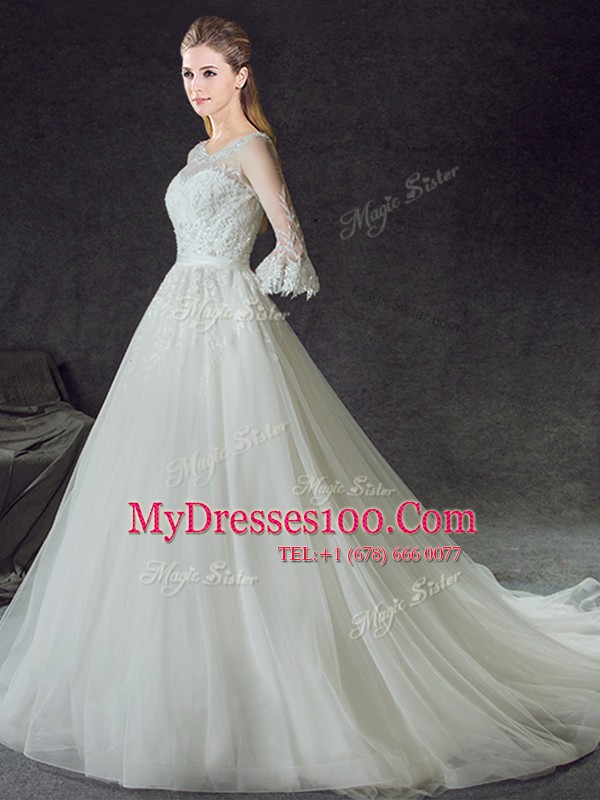 High Quality Scoop White Zipper Wedding Gown Lace 3 4 Length Sleeve With Train Court Train