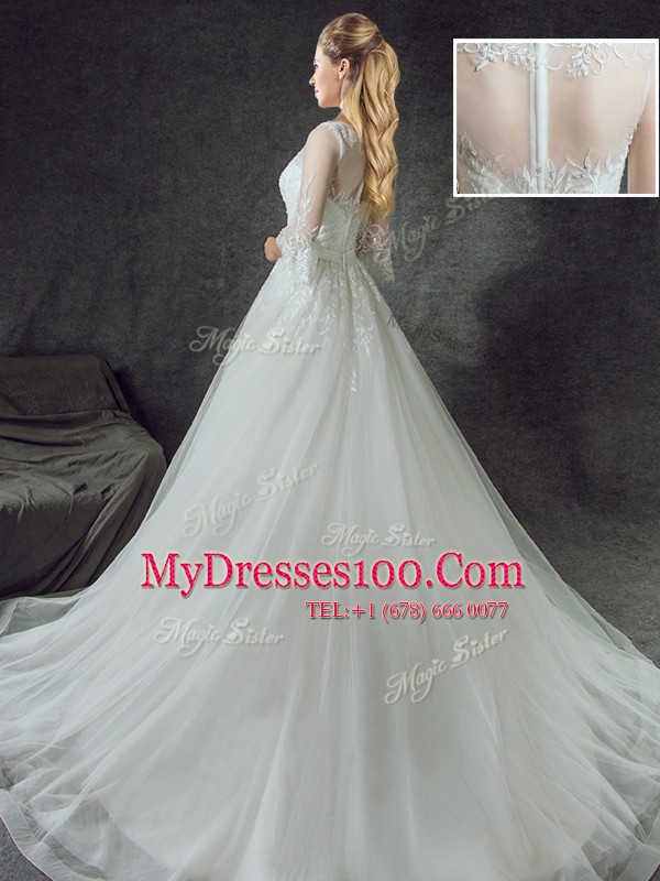 High Quality Scoop White Zipper Wedding Gown Lace 3 4 Length Sleeve With Train Court Train