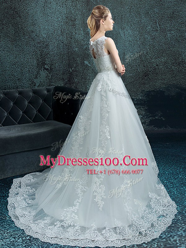 Traditional Sleeveless Tulle With Brush Train Lace Up Wedding Dresses in White with Lace and Appliques