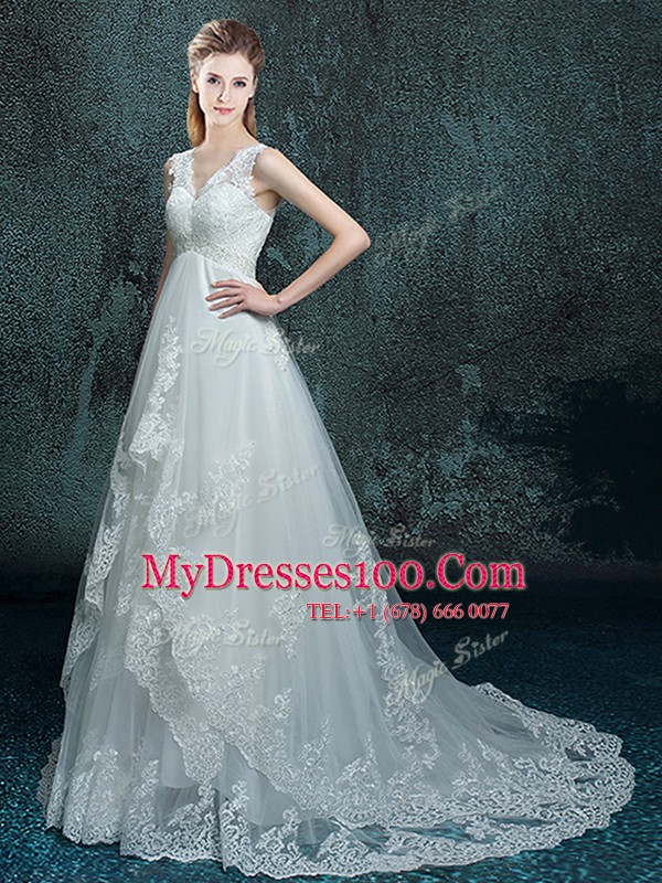 Traditional Sleeveless Tulle With Brush Train Lace Up Wedding Dresses in White with Lace and Appliques