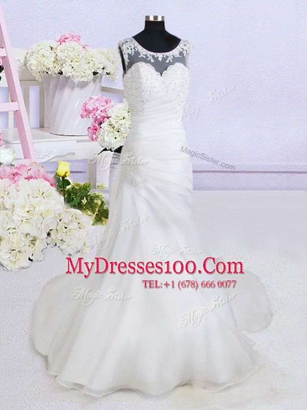 See Through White Scoop Backless Beading and Appliques Wedding Gowns Brush Train Sleeveless