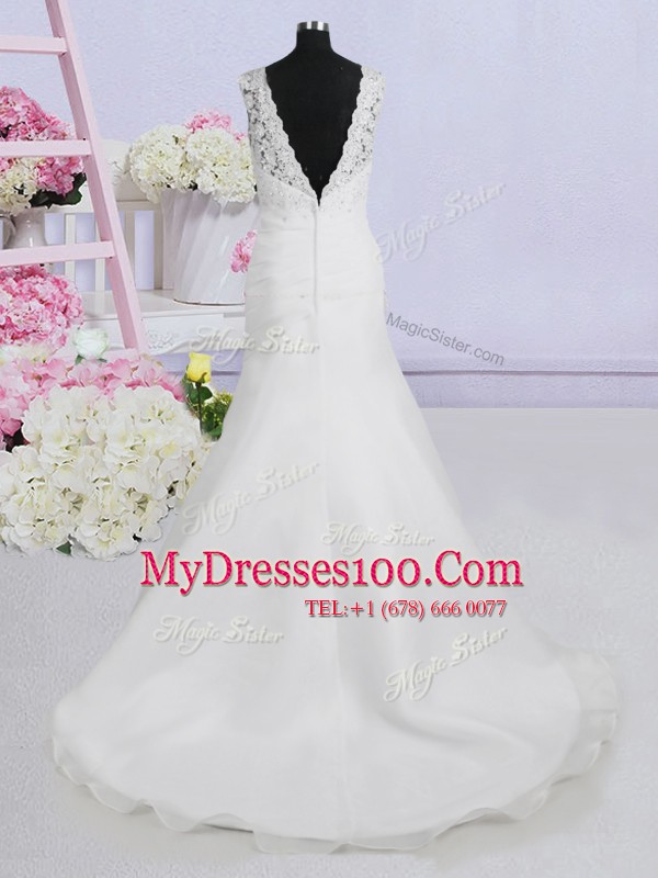 See Through White Scoop Backless Beading and Appliques Wedding Gowns Brush Train Sleeveless
