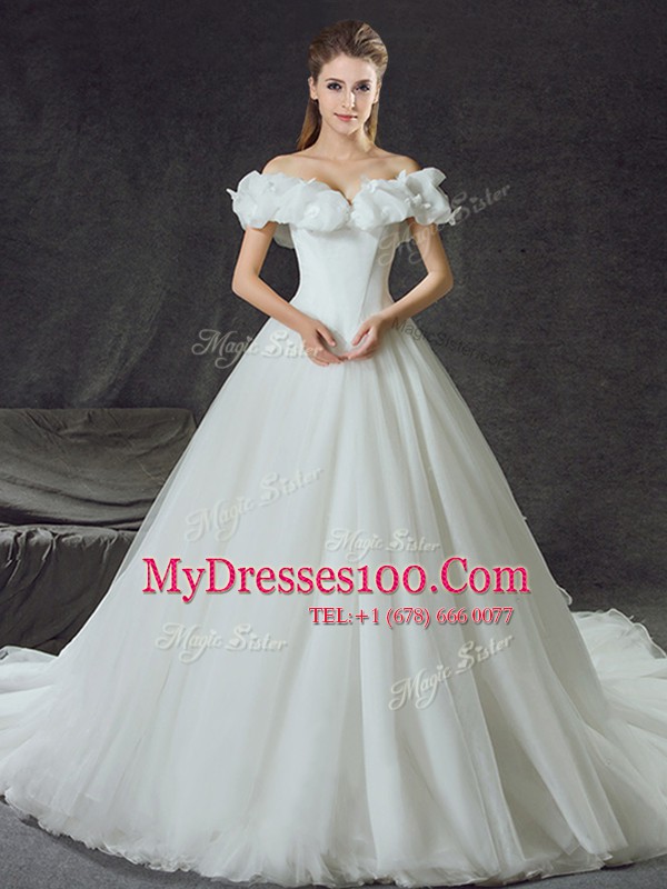 Off the Shoulder Backless With Train Lace Up Wedding Dresses White for Wedding Party with Appliques Court Train