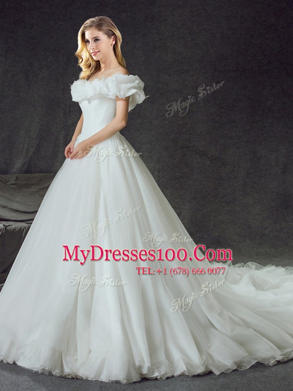 Off the Shoulder Backless With Train Lace Up Wedding Dresses White for Wedding Party with Appliques Court Train