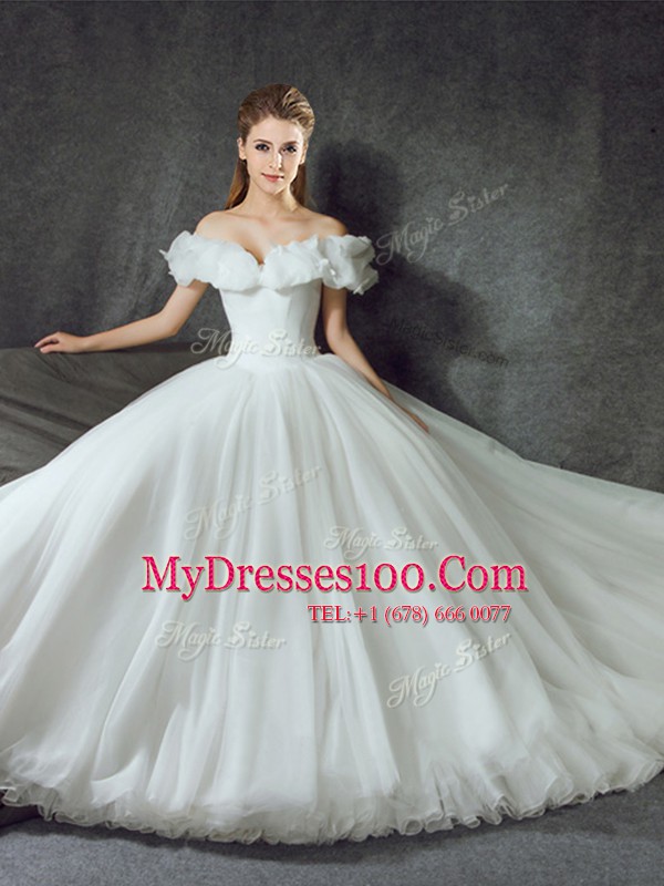 Off the Shoulder Backless With Train Lace Up Wedding Dresses White for Wedding Party with Appliques Court Train