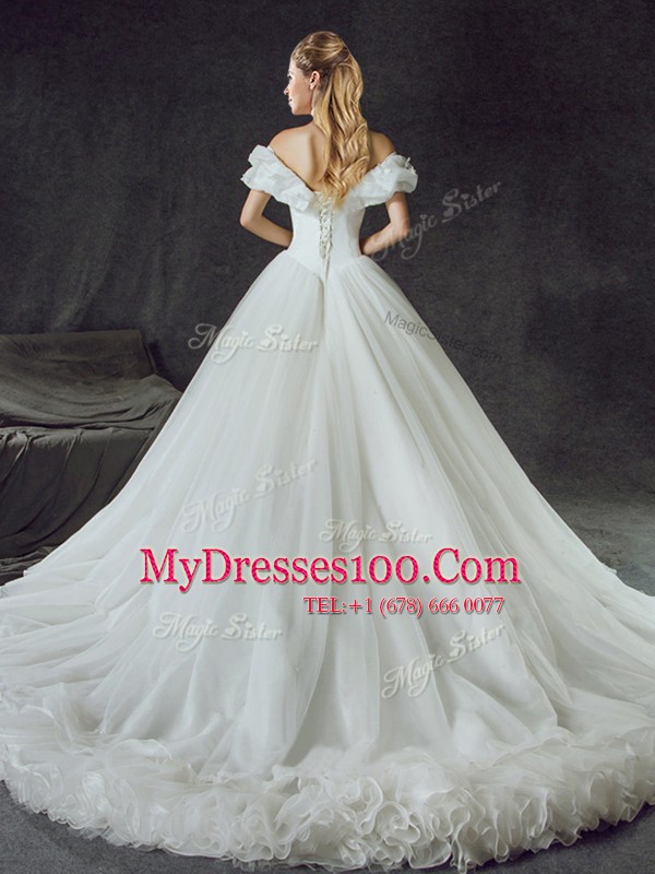 Off the Shoulder Backless With Train Lace Up Wedding Dresses White for Wedding Party with Appliques Court Train