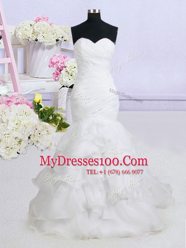 Popular Mermaid Sleeveless With Train Beading and Ruffled Layers Lace Up Wedding Gowns with White Brush Train