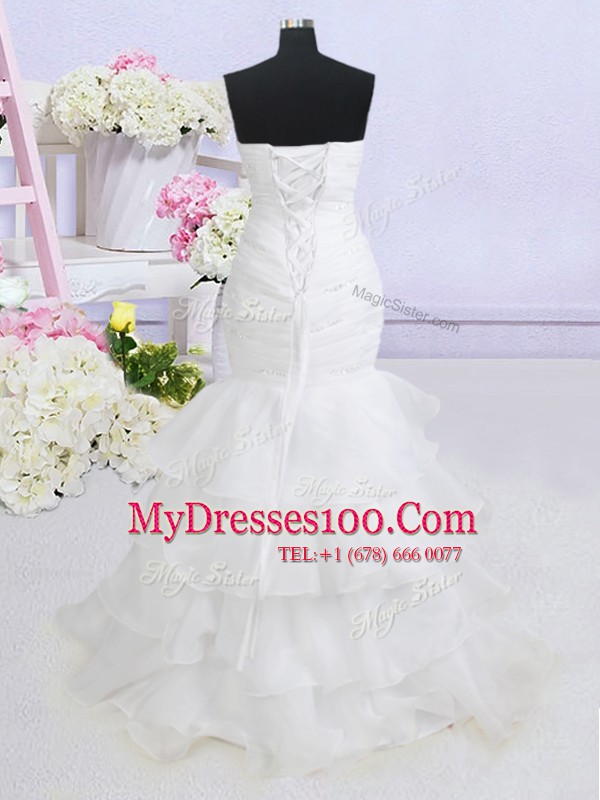 Popular Mermaid Sleeveless With Train Beading and Ruffled Layers Lace Up Wedding Gowns with White Brush Train