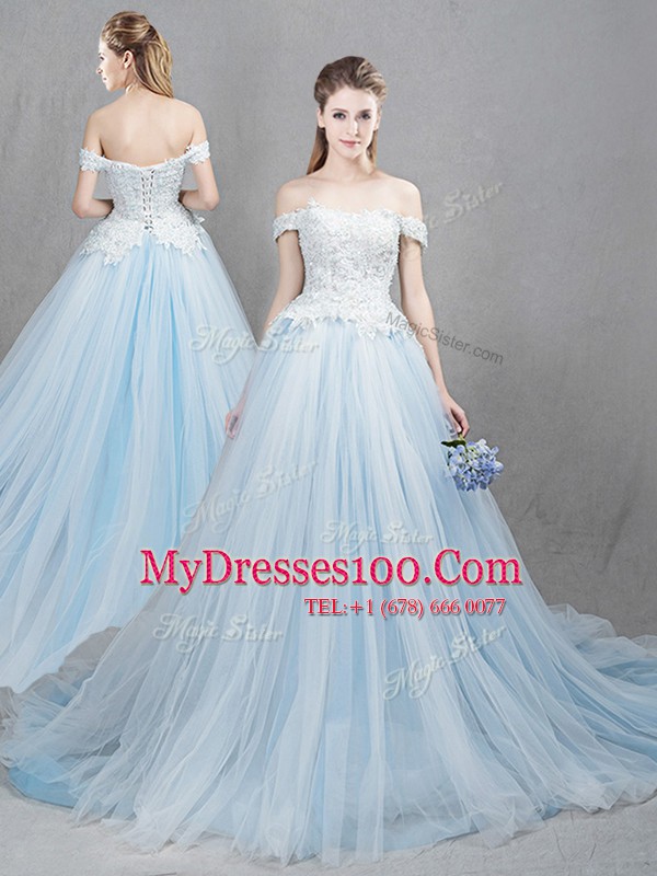 Off the Shoulder Light Blue Tulle Lace Up Wedding Dress Sleeveless With Train Chapel Train Appliques