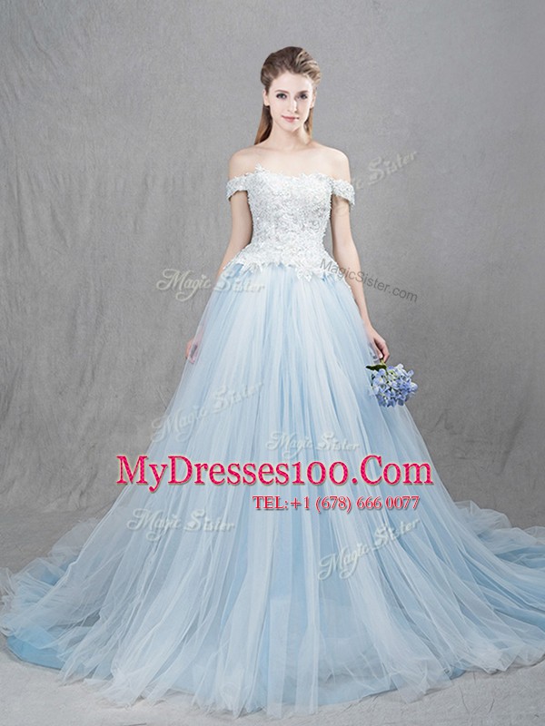 Off the Shoulder Light Blue Tulle Lace Up Wedding Dress Sleeveless With Train Chapel Train Appliques