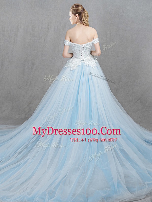 Off the Shoulder Light Blue Tulle Lace Up Wedding Dress Sleeveless With Train Chapel Train Appliques