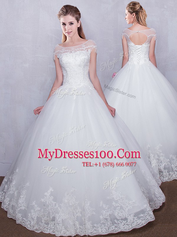 Latest Scoop Cap Sleeves Tulle Wedding Gowns Lace Lace Up