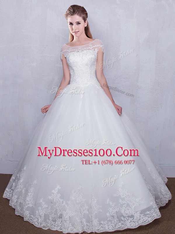 Latest Scoop Cap Sleeves Tulle Wedding Gowns Lace Lace Up