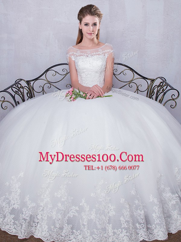 Latest Scoop Cap Sleeves Tulle Wedding Gowns Lace Lace Up