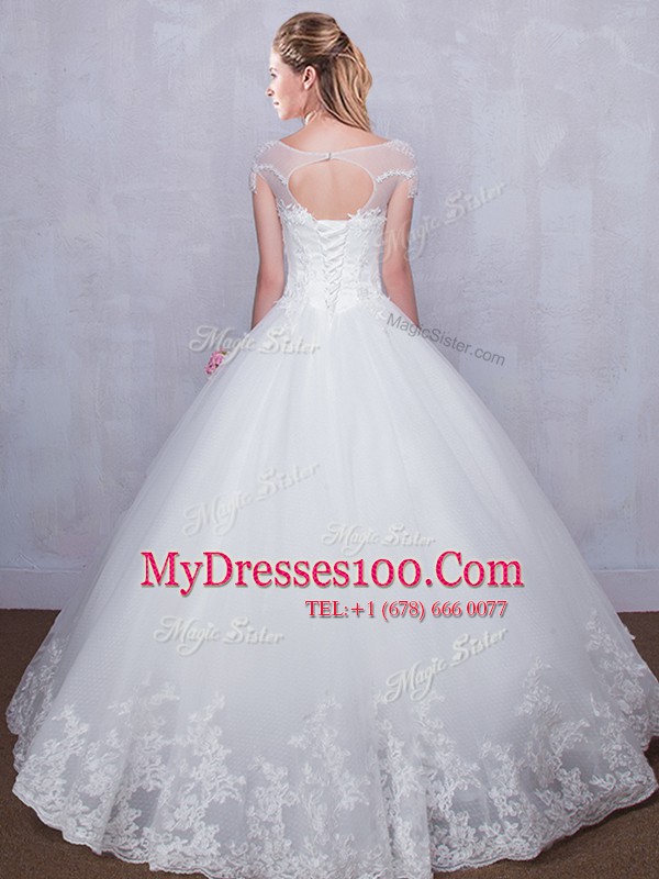 Latest Scoop Cap Sleeves Tulle Wedding Gowns Lace Lace Up